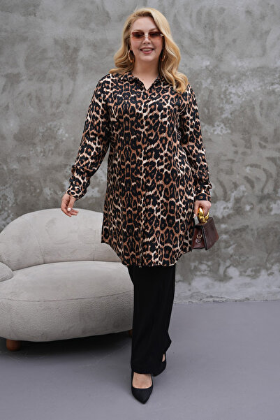 Polologin Butik Leopard Patterned Plus Size Long Tunic
