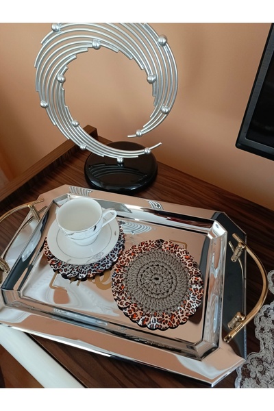 Münücük toys Makrome Pullu Kahve-içecek Sunumluk Bardak Altlığı... (Leopar pullu-zemini füme 2'li)