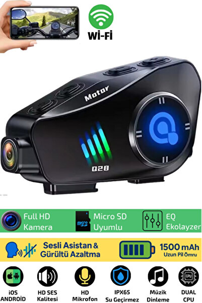 DigiMonster Q28 Kameralı Bluetooth Kask Kulaklık 1080P Video Interkom, Su Geçirmez, LCD Ekranlı Motor Kulaklığı