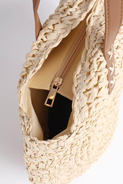 Haşema Beige Round Knitted Straw Bag with Signature Detail 1007