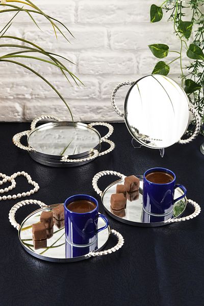 HELVACIOĞLU AKSESUAR 6 Pieces Mirrored Handled Coffee, Cake, Cake, Baklava, Cookies, Tea Presentation Tray 15 cm