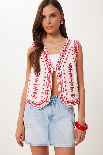 Lovelyİstanbul Embroidered Linen Vest Ecru Red Lqs0017