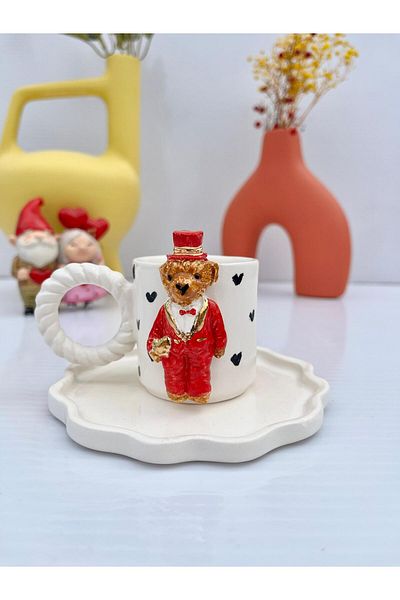 AYLEFE HOBBY Handmade Ceramic Turkish Coffee Cup with Teddy Bear and 24K Gold Detail 90ml