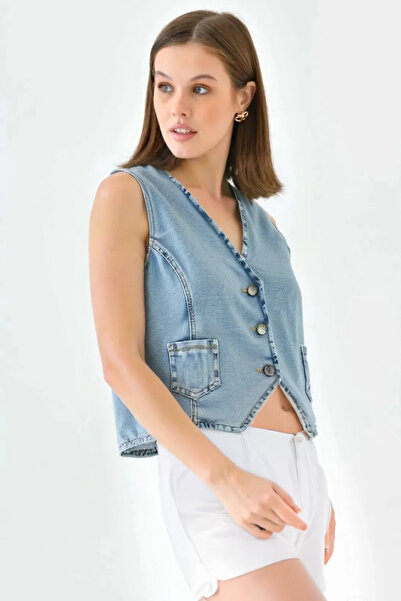 Xcedy CEDY DENIM - Жіночий літній жилет з V-подібним вирізом, модний дизайн, денім - C623-Kar-Yıkama