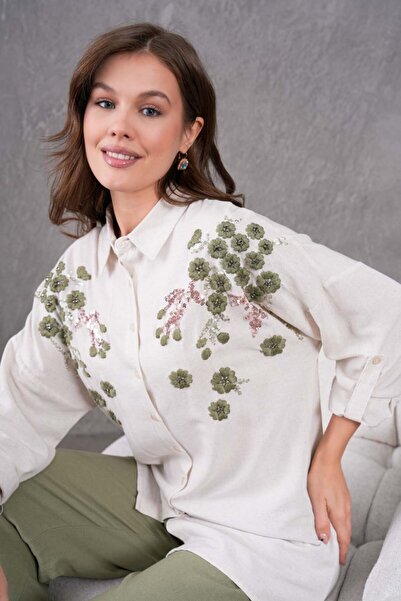 MVStore Women's Floral Print Embroidery Embroidered Linen Oversize Shirt and Pants