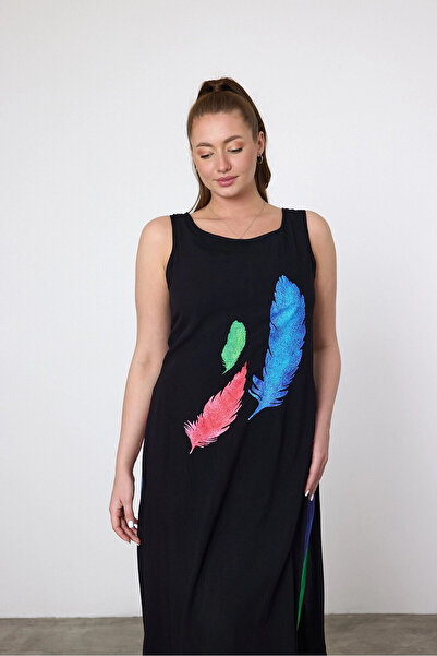 hazelin Γυναικείο φόρεμα με μοτίβο μαύρο μπλε πουπουλένιο με επένδυση από βισκόζη HZL25S-VM120251