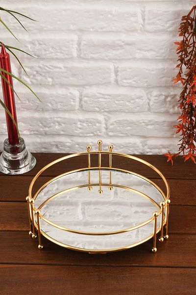 HELVACIOĞLU AKSESUAR Mirrored Wire Decorative Treat Tray, Coffee, Tea Presentation Tray 24 cm