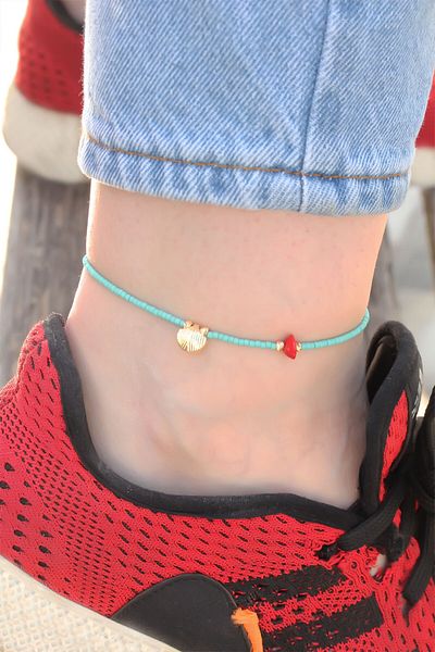 SeyCey.co Oyster Shell Design Anklet with Blue Bead Detail