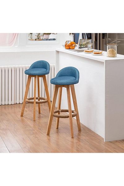Quasar & Co. Set of 2 360° Rotating Bar Stools, Upholstered, Kitchen Suitable, 37x37x80cm, Wood/Textile/Sponge, Blue