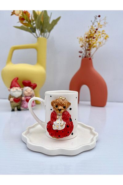 AYLEFE HOBBY Handmade Ceramic Turkish Coffee Cup with Teddy Bear and 24K Gold Detail 90ml