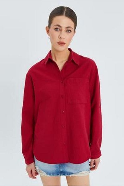 Mixray 9942 Women's Oxford Long Sleeve Basic Shirt Claret Red