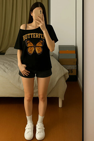 npLStore Tricou de damă cu decolteu barcă cu imprimeu fluture