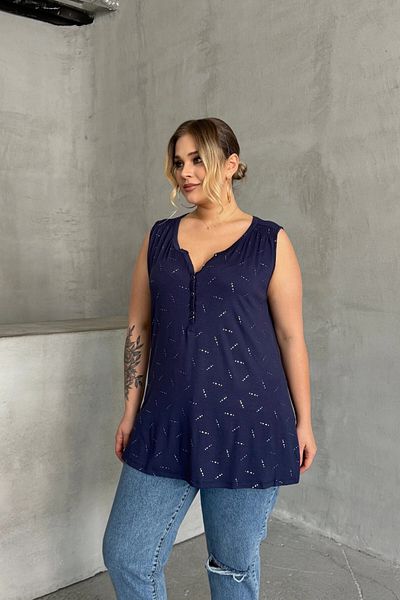 Stil Diva Plus Size Zero Sleeve Pattern V Neck Front Button Long Cutout Blouse 1370989