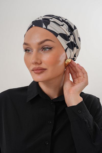 MAG FASHİON Beige Patterned Hijab Bonnet Daily Use Sports Bonnet Practical Shawl