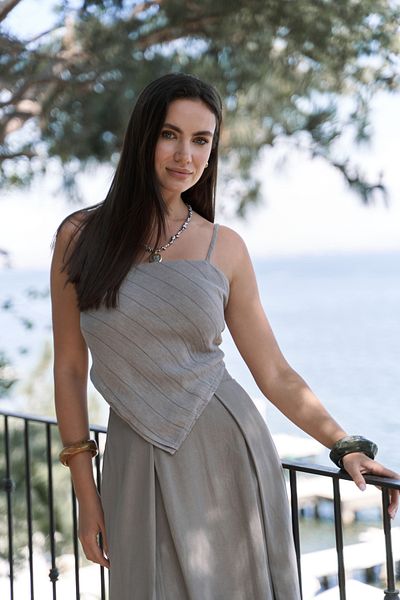 BOHEMAİ Kita Triangle Detail Striped Mink Linen Crop