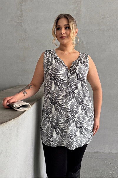 Stil Diva Plus Size Zero Sleeve Pattern V-Neck Front Button Long Cutout Blouse 35047