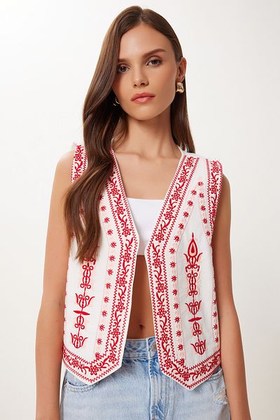 Lovelyİstanbul Embroidered Linen Vest Ecru Red Lqs0017