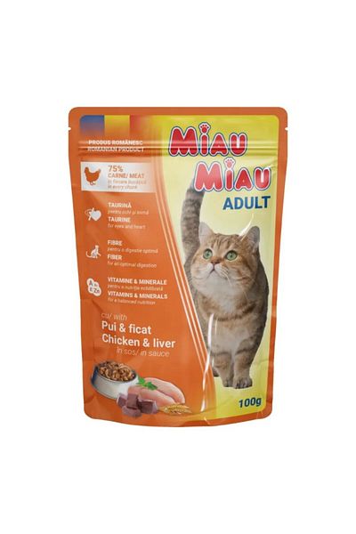 MIAU MIAU 24x100g MIAU MIAU Chicken and Liver in Gravy, Wet Food for Adult Cats