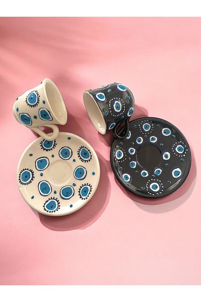 Artistic Quality Decorative 2-Person Stylish Evil Eye Bead Design Fully Handmade Coffee Cup Set
