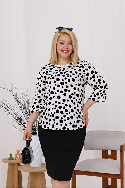 Siyezen Plus Size Flared Sleeves Polka Dot Blouse