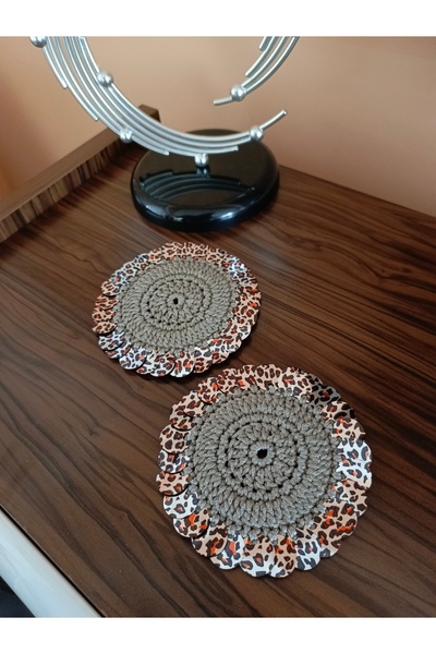 Münücük toys Makrome Pullu Kahve-içecek Sunumluk Bardak Altlığı... (Leopar pullu-zemini füme 2'li)