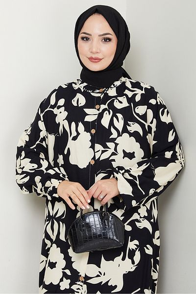 Bestenur Elmira Buttoned Woven Viscose Dress 1563 - Black