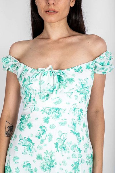 Bak Moda Floral Patterned Midi Length Lined Green Dress