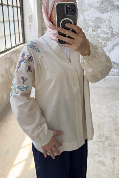 Hatun Atila Kuş Nakış Detaylı Oversize Denim Ceket 8823 - Bej