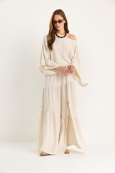 Bianco Lucci Women's Off-Shoulder Crop Blouse with Slit Detail Slim Linen Bottom-Top Set Dt251026 60283461
