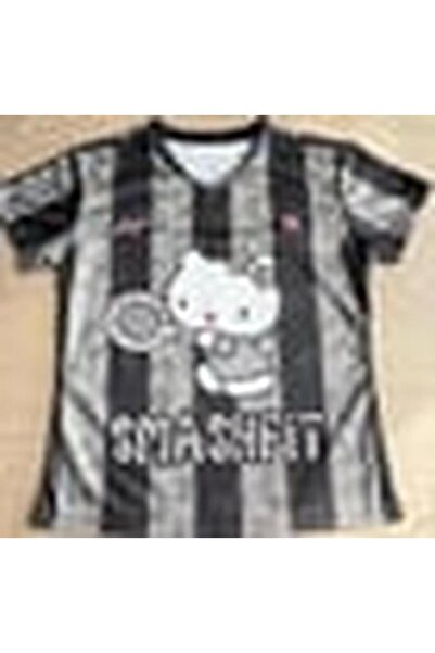 Wisevelya Siyah Gri Çizgili Hello Kitty Detail Unisex Jersey Forma