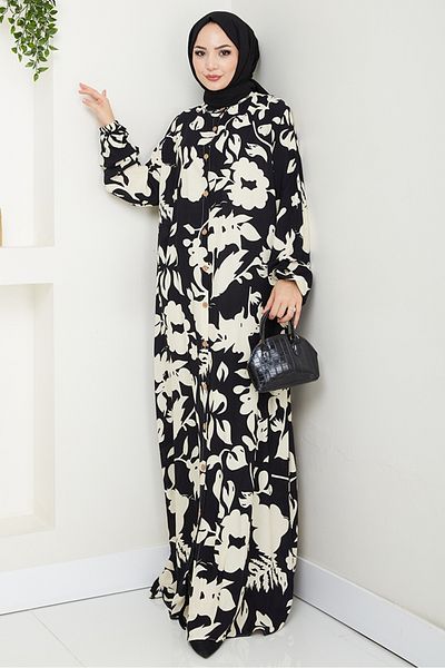 Bestenur Elmira Buttoned Woven Viscose Dress 1563 - Black