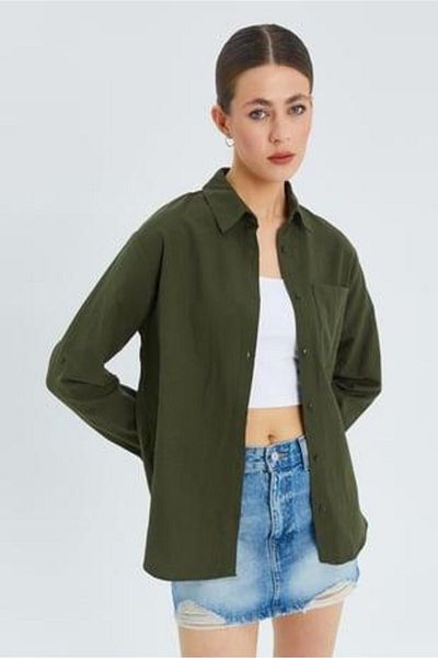 Mixray 9942 Women's Oxford Long Sleeve Basic Shirt Khaki