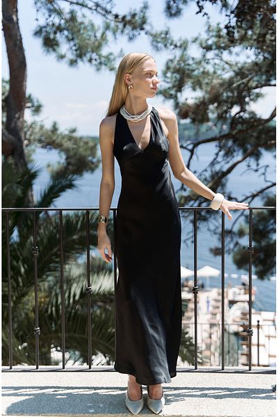 BOHEMAİ Guilia Low-Cut Long Black Satin Dress