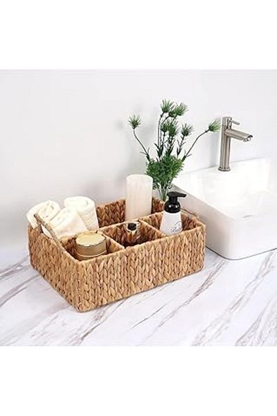 Qedii Handmade Natural Wicker Rectangular Multi-Purpose 4 Compartment Cabinet Organizer (43X30X13Cm)