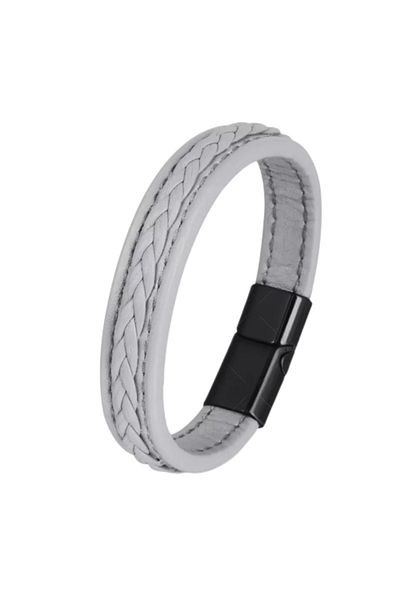 Tessero Bratara din piele naturala, model impletit cu cusatura, prindere magnet, 20 cm, Tessero, gri