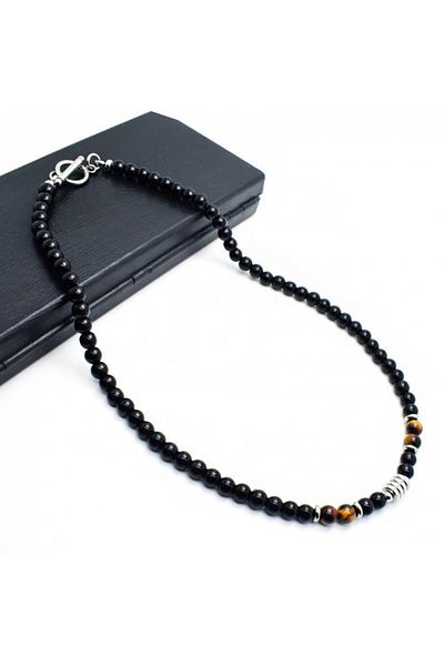 xUPING Men's bead necklace, onyx and tiger eye gemstones, stainless steel, black