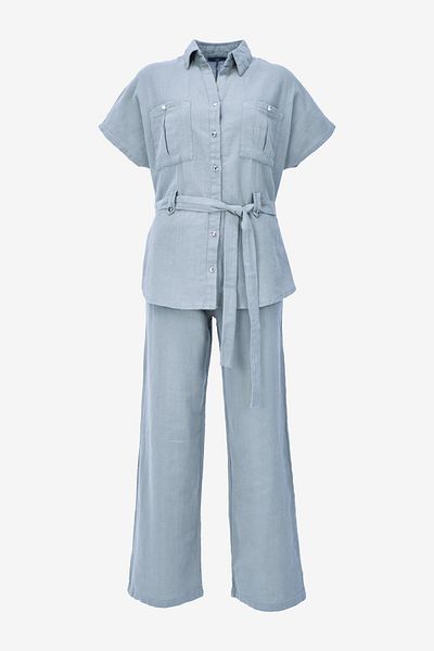 birizmoda Linen Belted Shirt Trousers Set - Blue