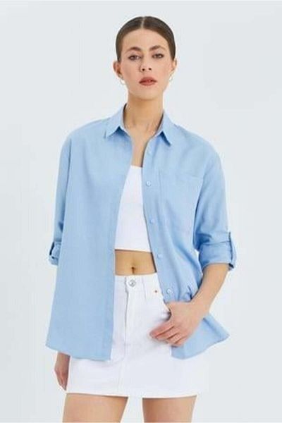 Mixray 9942 Women's Oxford Long Sleeve Basic Shirt Baby Blue