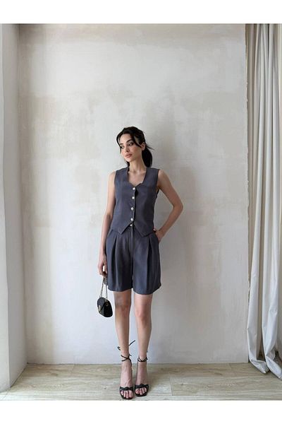 BUTİK ELAJ Women's Gray Gabardine Modal Vest Shorts Suit
