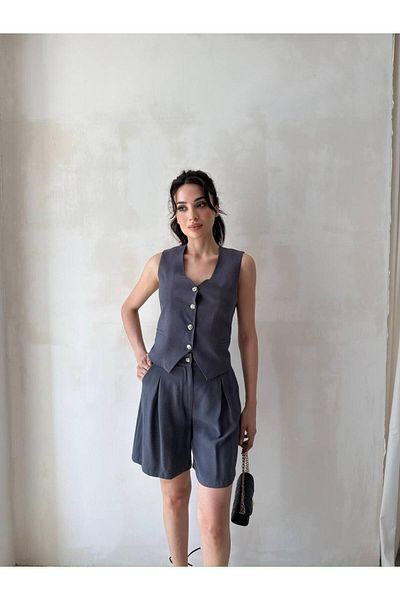 BUTİK ELAJ Women's Gray Gabardine Modal Vest Shorts Suit