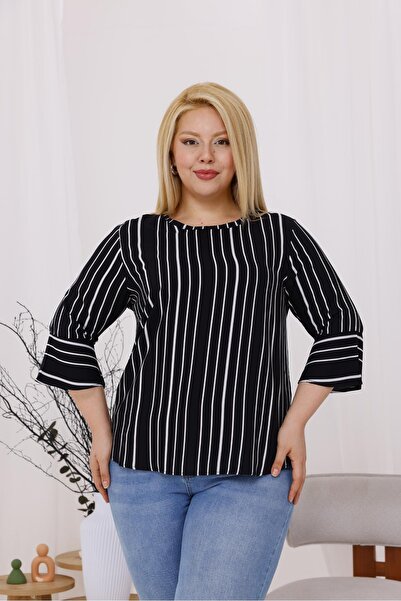 Siyezen Plus Size Striped Flared Sleeve Blouse