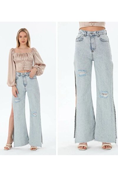 CemBebe Thin Fabric Slit Ice Blue Summer Denim Jeans