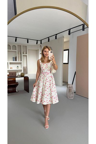 Sezgi Tekin Special Series Belted Floral Pattern Ecru Bell Dress