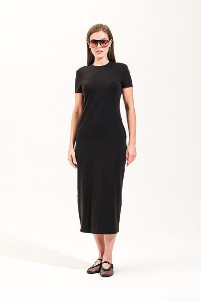 Signature Style 725400_Women's Crew Neck, Short Sleeve, Midi Length, Solid, Lycra Knitted Dress
