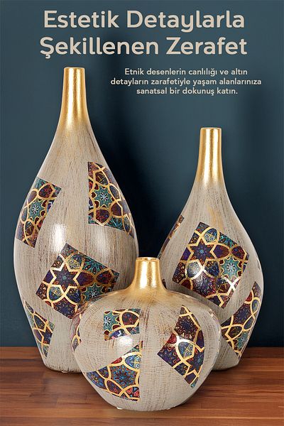 Meleni Home Σετ βάζων Elegance 3 τεμαχίων - Διακοσμητικό βάζο με πολύχρωμο έθνικ σχέδιο κεραμικό βάζο