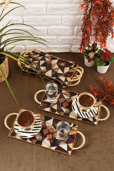 HELVACIOĞLU AKSESUAR 6 Pieces Coffee, Cake, Cake, Baklava, Cookies, Tea Presentation Tray with Handles 12X25 cm Gold