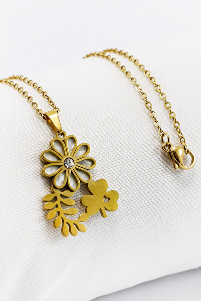 biuti Stainless Steel Gold Colored Shiny Stone Pearlescent Flower Clover Stee...