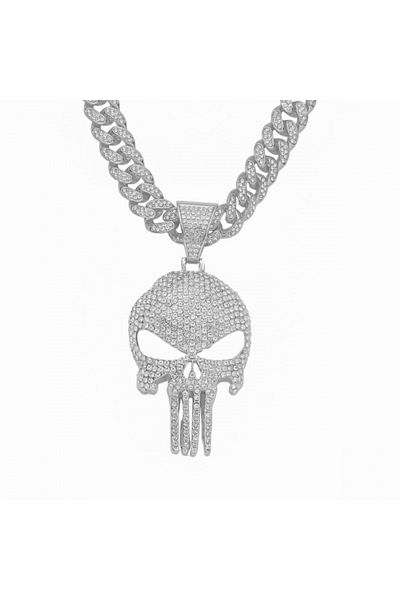 Tessero Colier cubanez cu pandantiv hip hop în formă de craniu, pietre de zirconiu, placat cu aur de 18K, unisex, 50 cm, argintiu