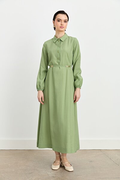 Nihan Kolları Lastikli Önden Düğmeli Gömlek Yaka Viskon Elbise Haki