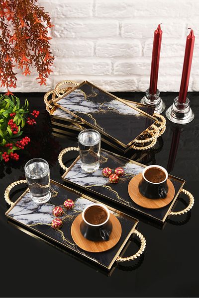 HELVACIOĞLU AKSESUAR 6 Pieces Coffee, Cake, Cake, Baklava, Cookies, Tea Presentation Tray with Handles 12X25 cm Gold